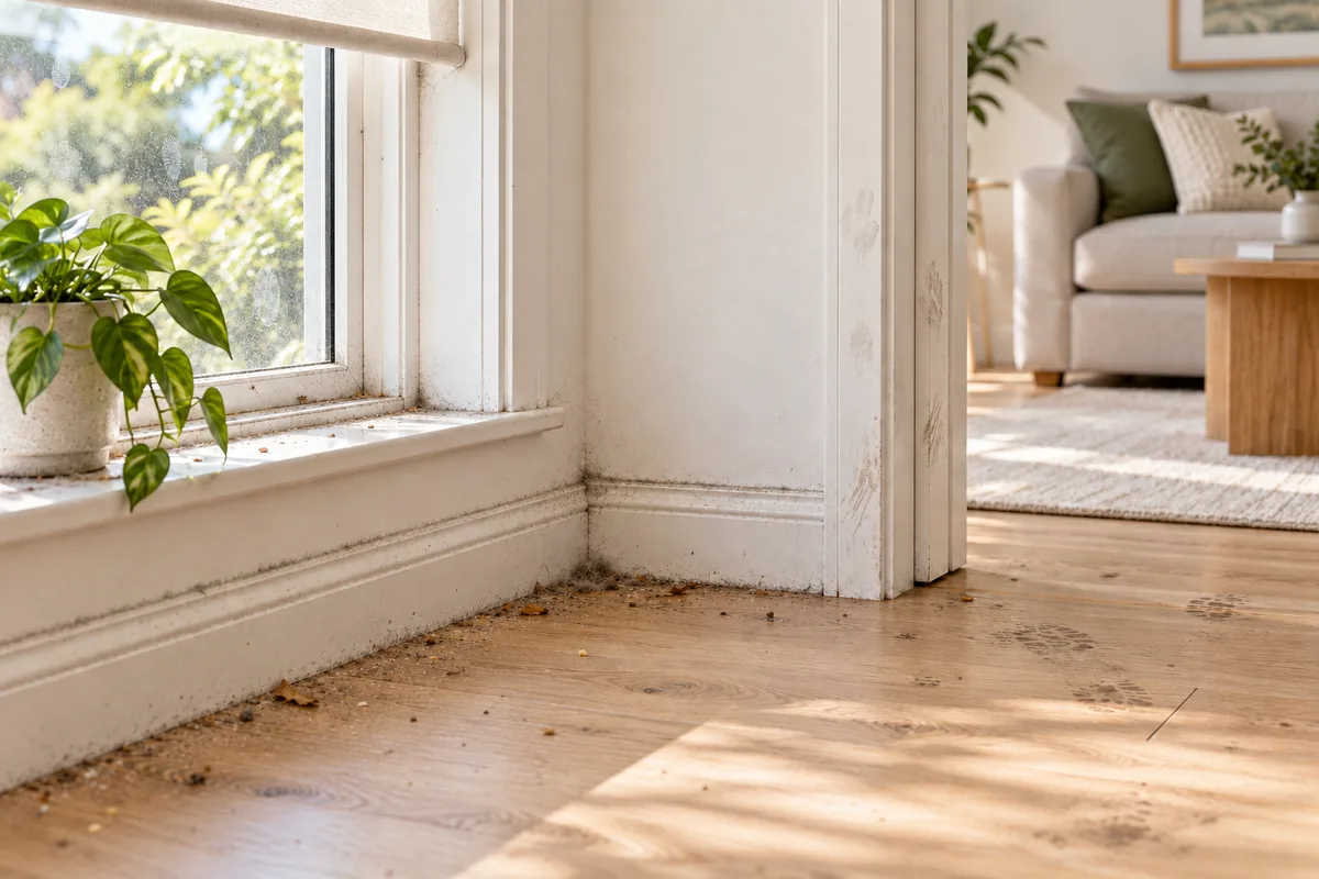 Dusty skirting boards, cobwebs and paw prints on a living-room floor before a spring clean