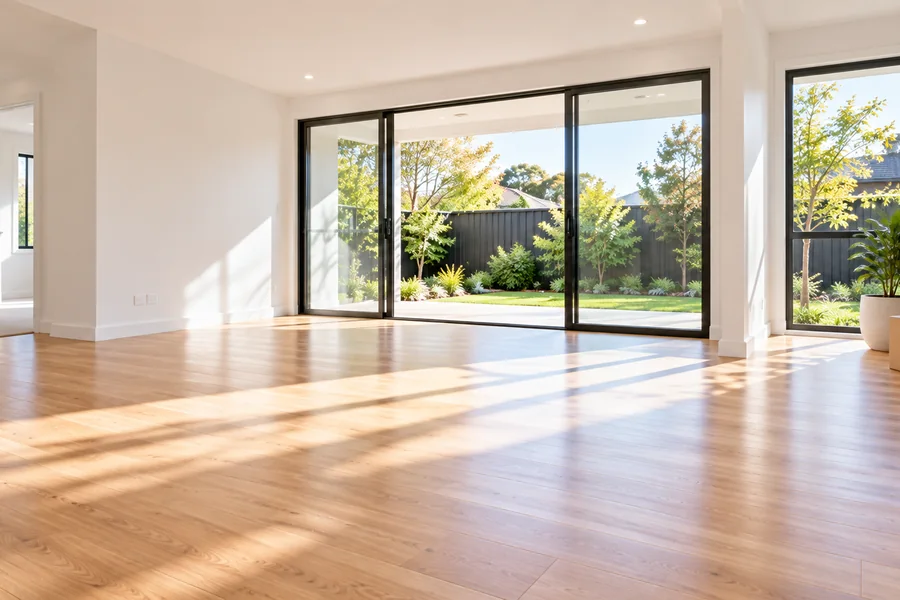 Empty living room ready for move-in day in a Melbourne home, with moving boxes by the door