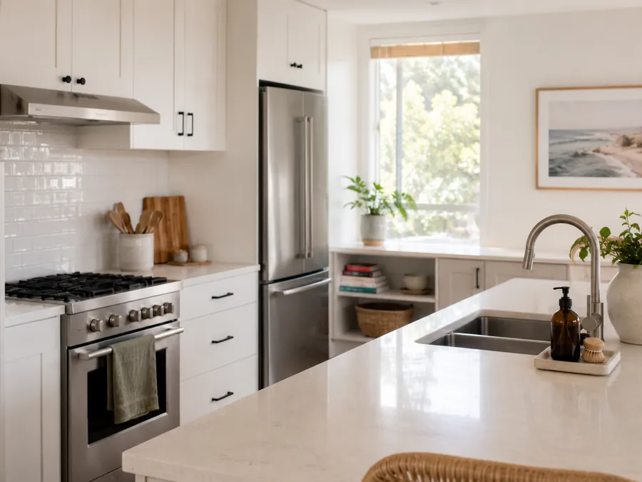 Clean kitchen benchtop and appliances