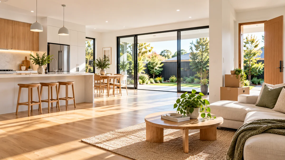 Freshly cleaned Melbourne kitchen and living space ready for move-in day, with boxes by the front door