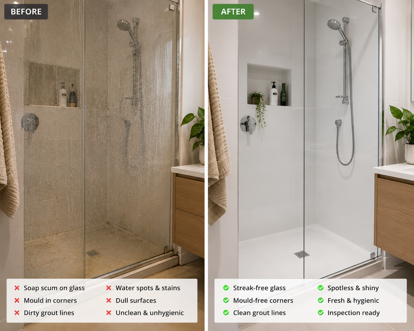 Bathroom before and after end of lease clean – Panthara Cleaning Melbourne