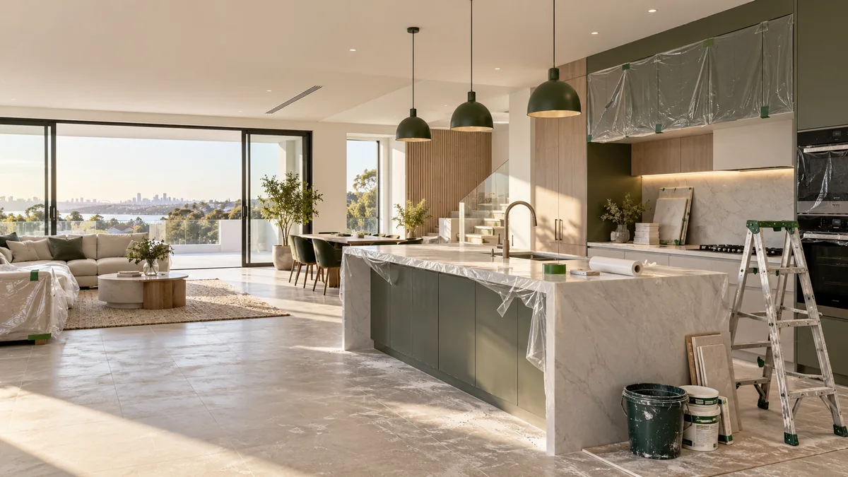 Professional post-renovation cleaning of a newly fitted-out kitchen in Melbourne