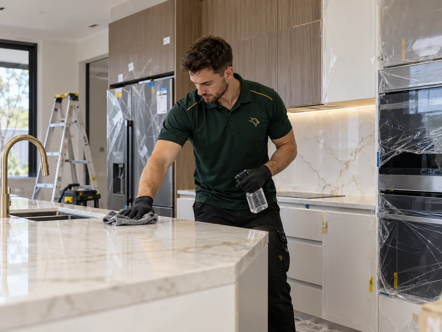 Panthara cleaner wiping down a benchtop during a post-renovation clean in Melbourne