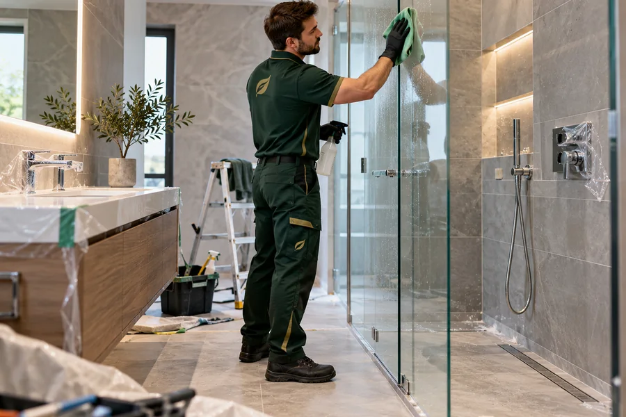 Detail cleaning of a bathroom shower screen during a post-renovation clean