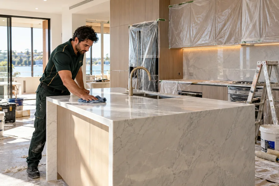 Detail cleaning of a kitchen island during a post-renovation clean