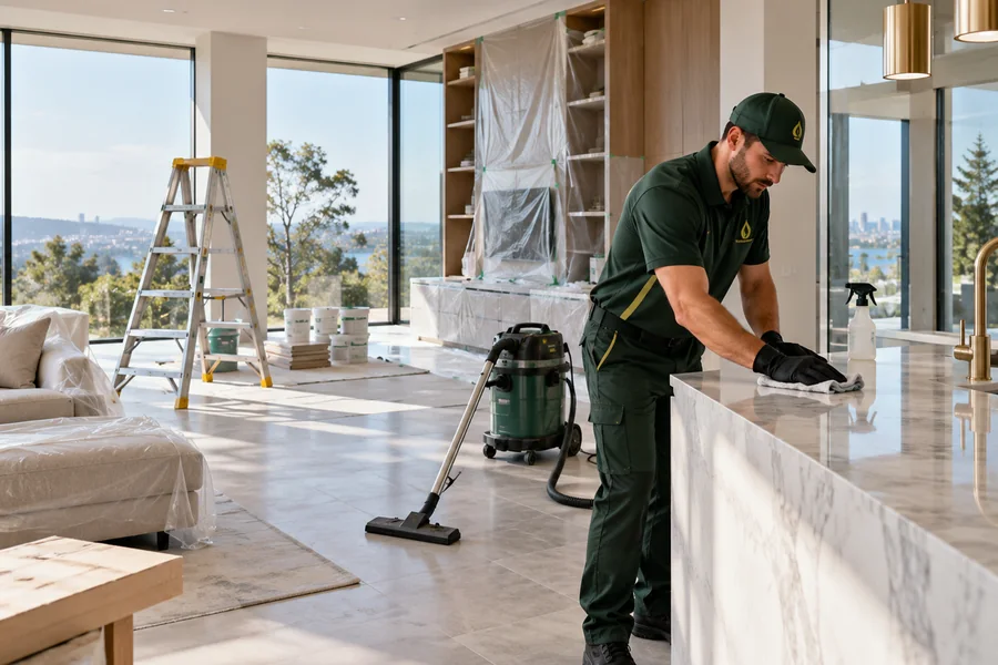 Cleaning a living and kitchen area ready for move-in after renovation
