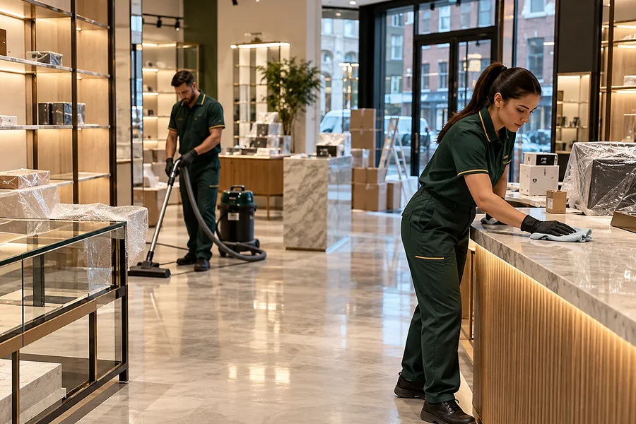 Cleaning team preparing a newly fitted-out retail store