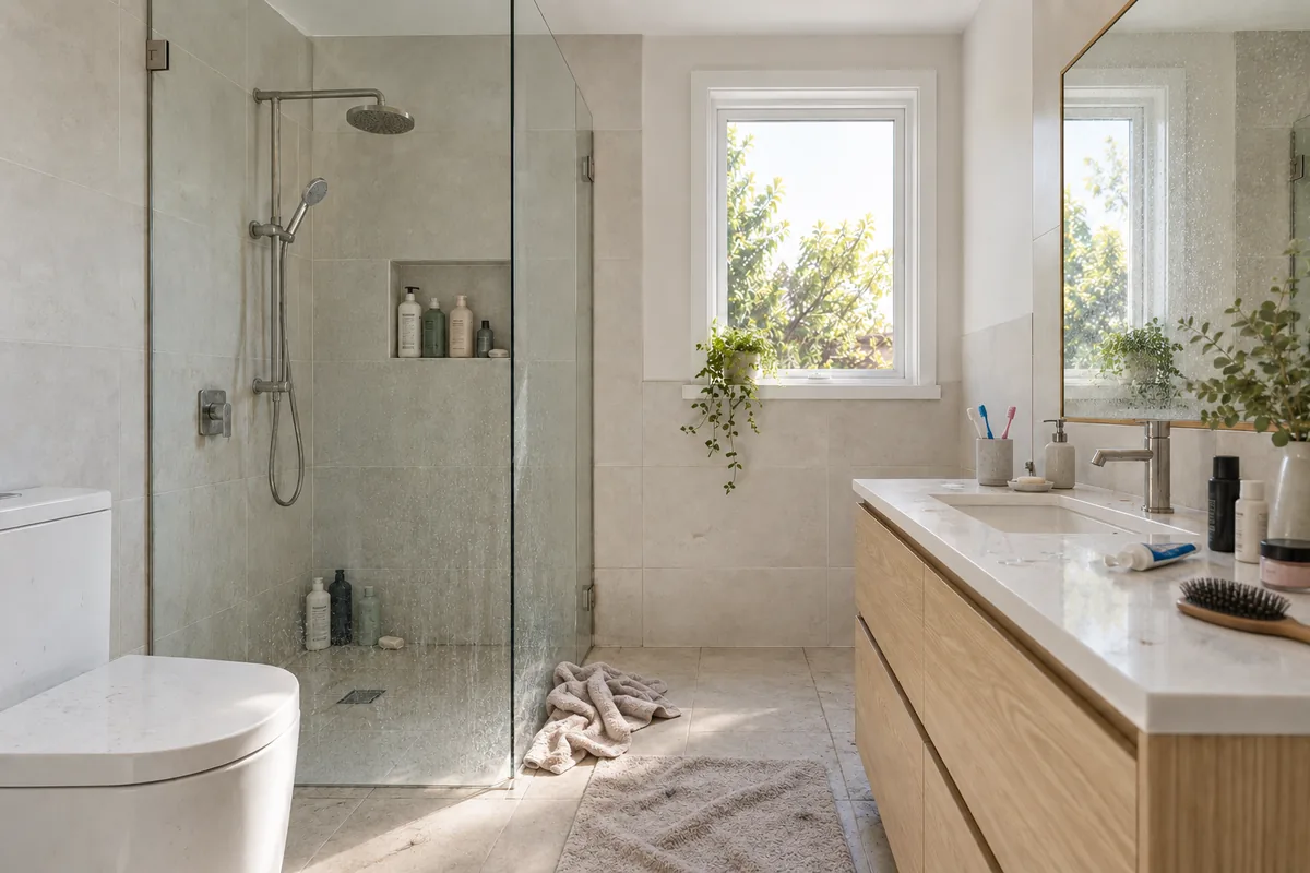 Bathroom with a fogged shower screen and cluttered vanity before a spring clean