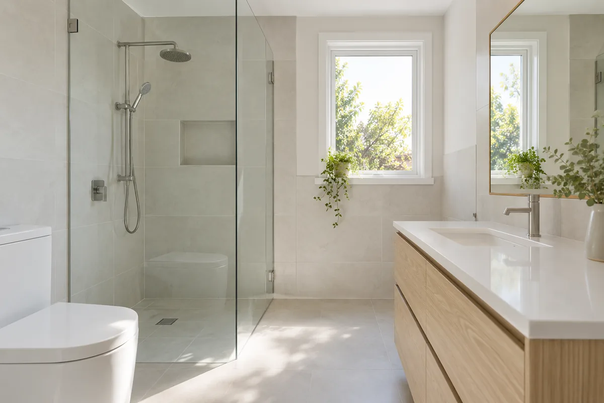 Bright clean bathroom with glass shower and pale tiles