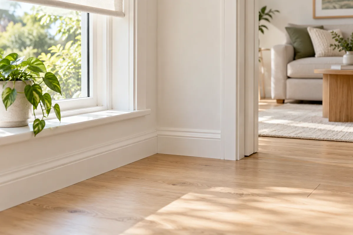 Clean skirting boards and timber floor beside a living-room window